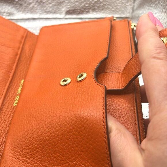 Michael Kors Adele Double-Zip Gold-Tone Wristlet in Deep Orange - Picture 4 of 7
